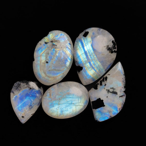 Rainbow Moonstone With Black Tourmaline Inclusion Cabochons Lot